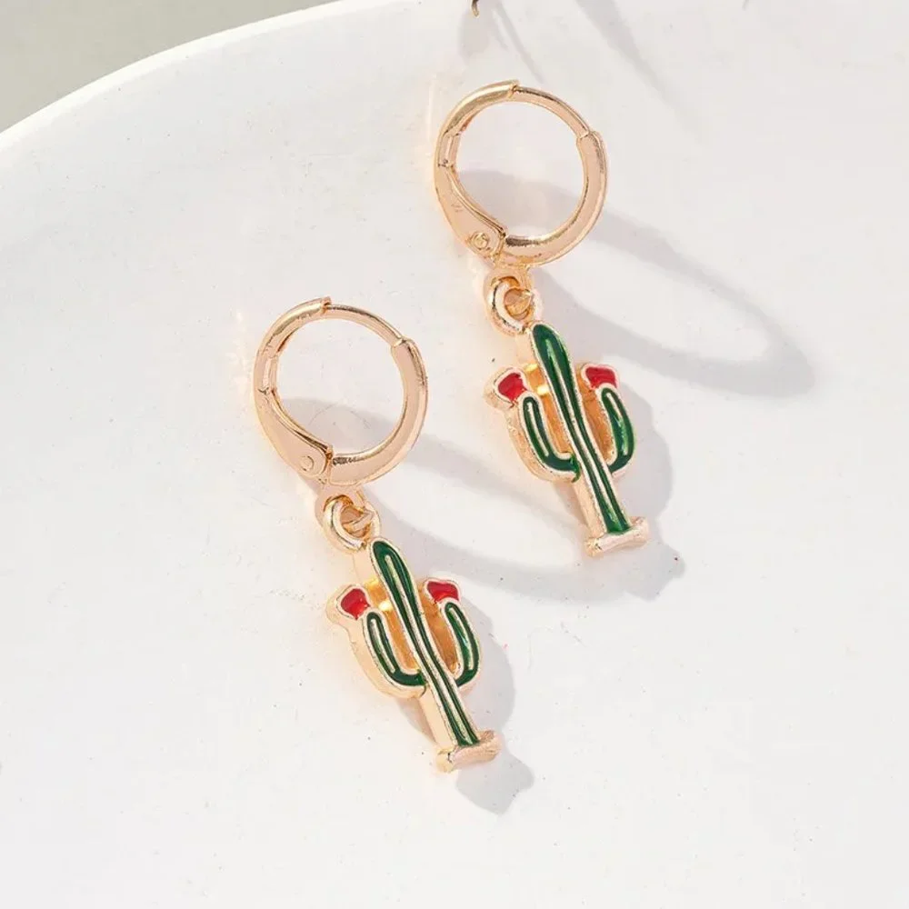 Gold & Green Desert Cactus Western Southwestern Dangle Huggie Earrings NEW - Picture 7 of 7